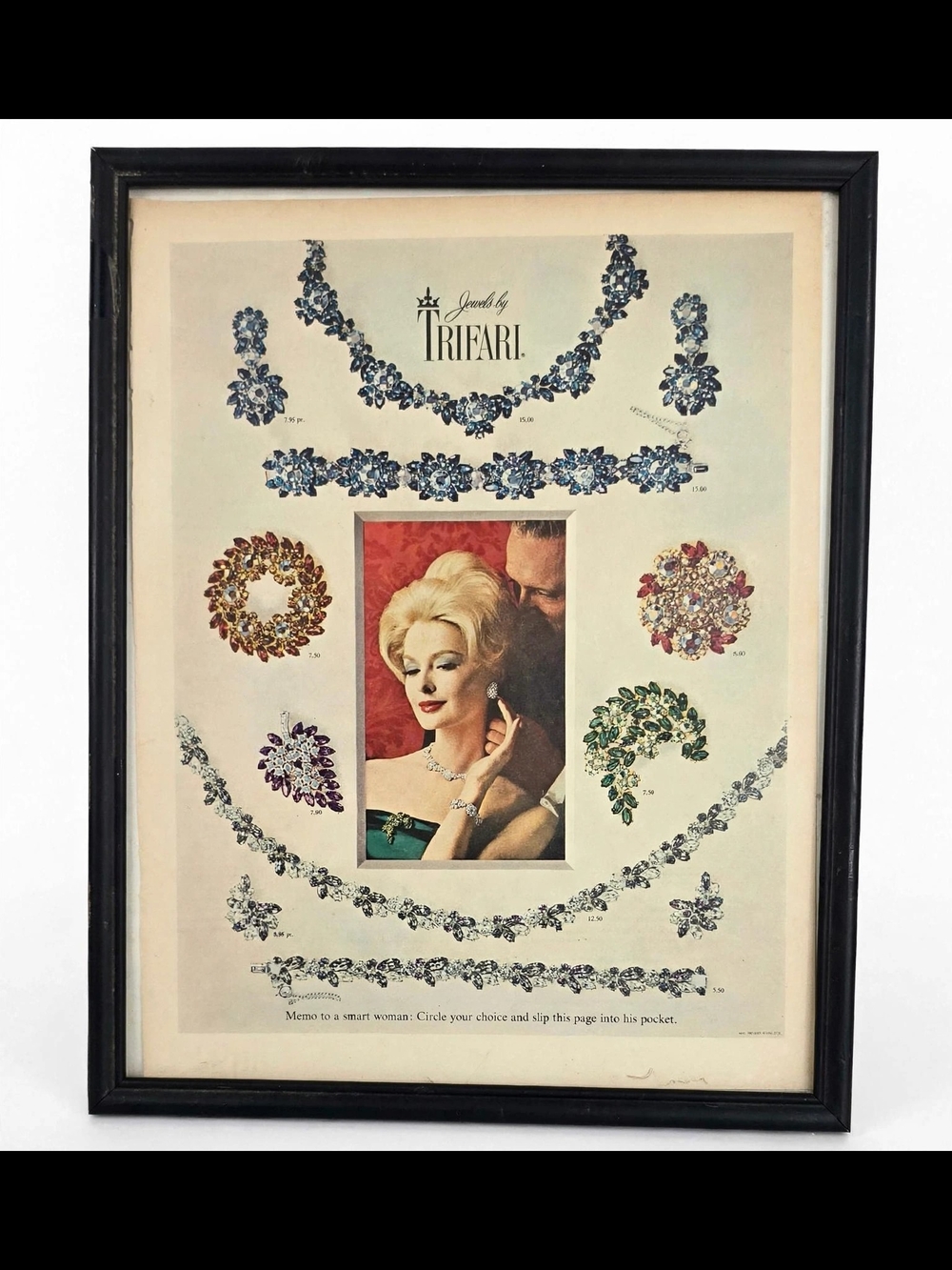 Vintage Framed Trifari Jewelry Ad Print 1960s MCM Glam Wall Art